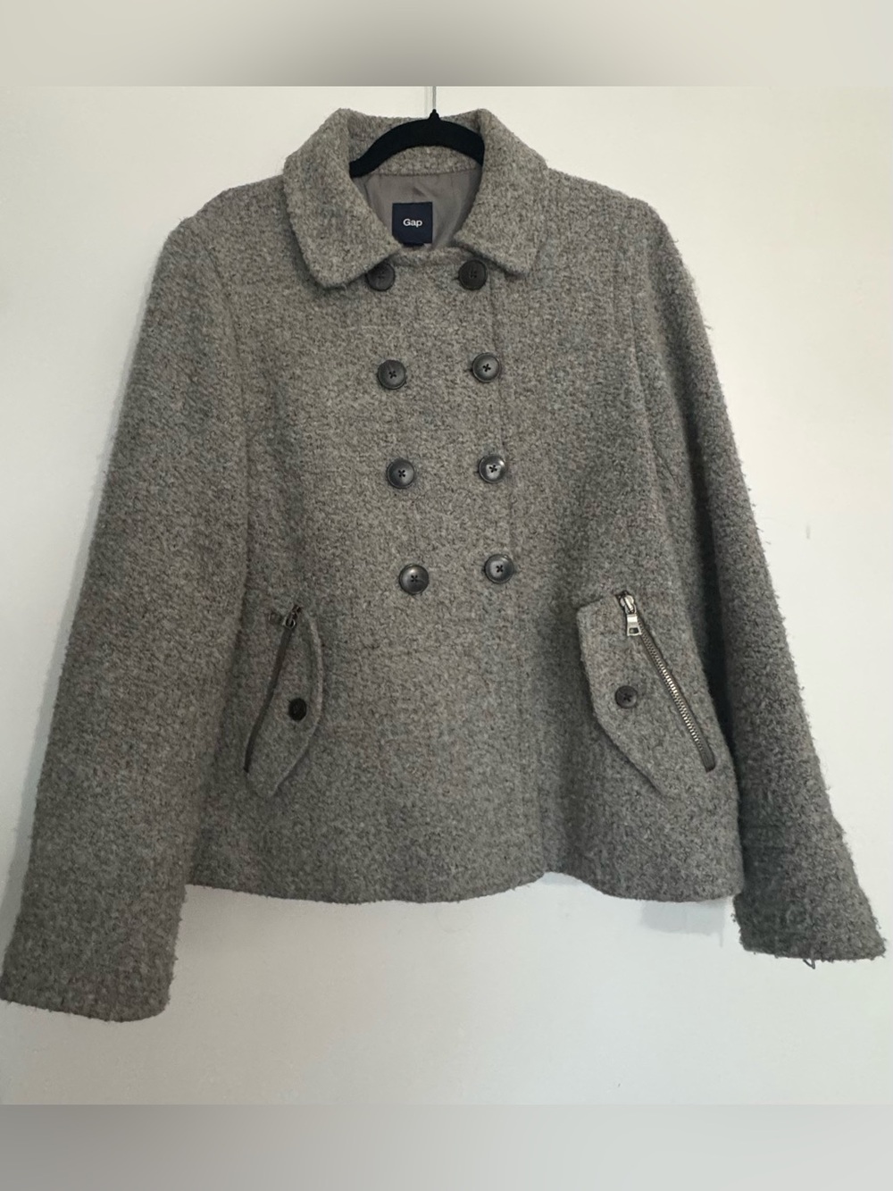 Gap Grey Wool Blend Double-Breasted Peacoat Jacket | Size L | Quilted Lining